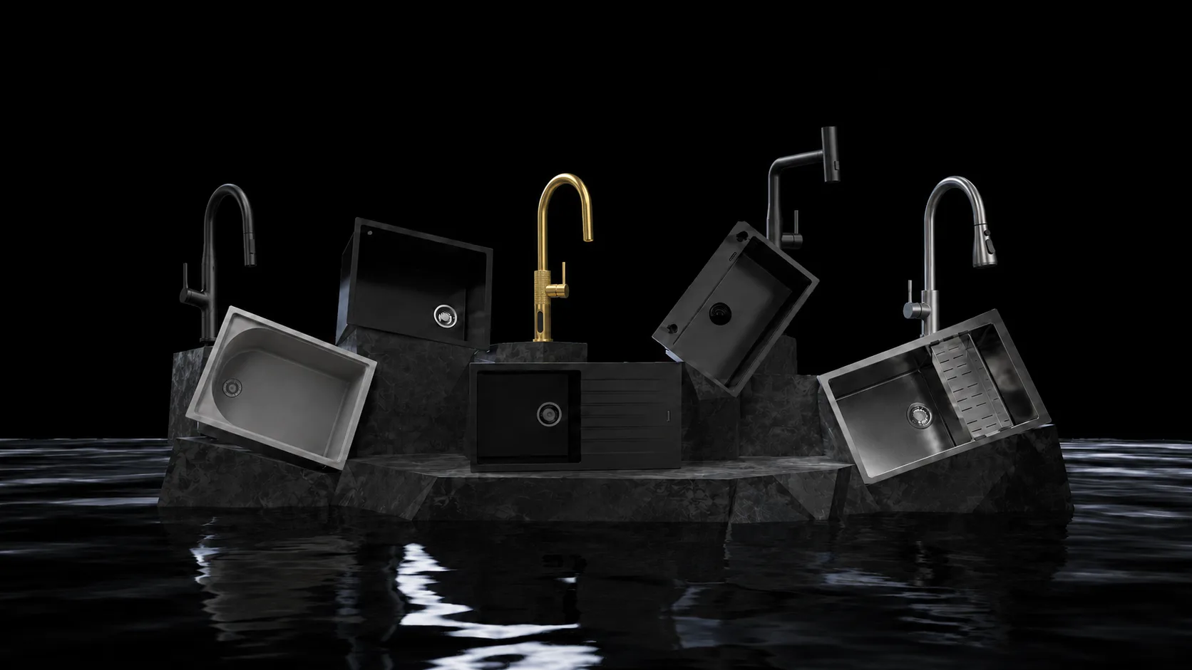 Carysil sinks and mixers in matte black, gold and steel