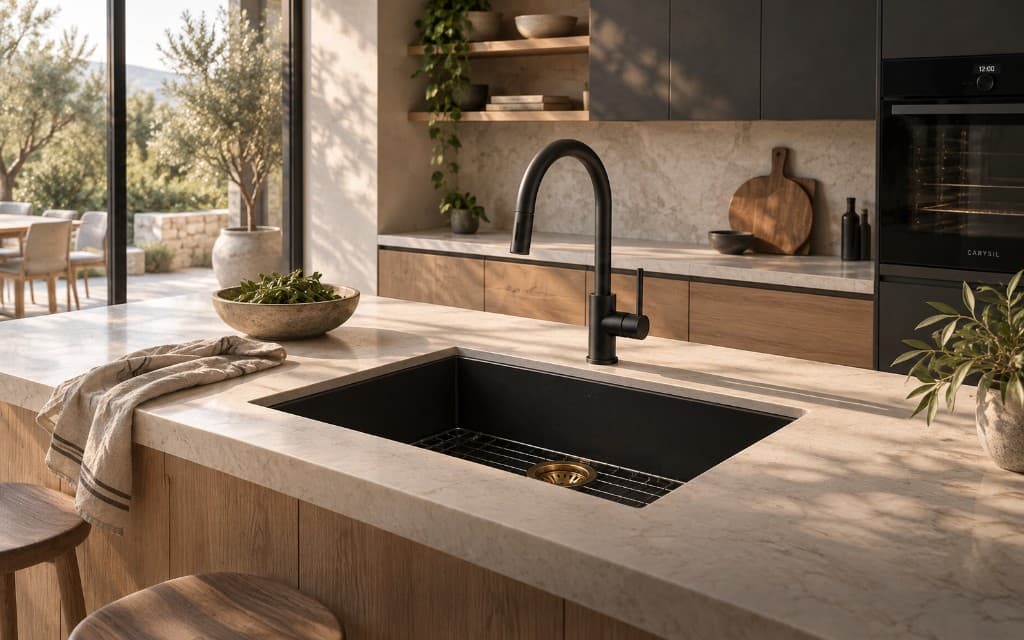Carysil black granite sink and mixer on a stone island
