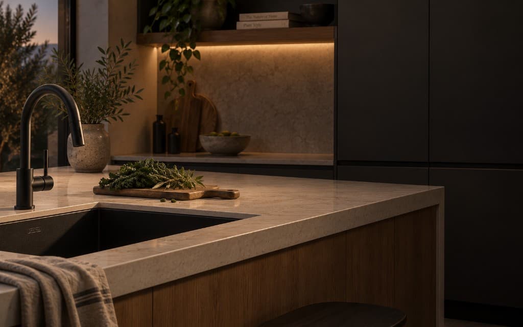 Carysil sink and mixer in a dark specified kitchen