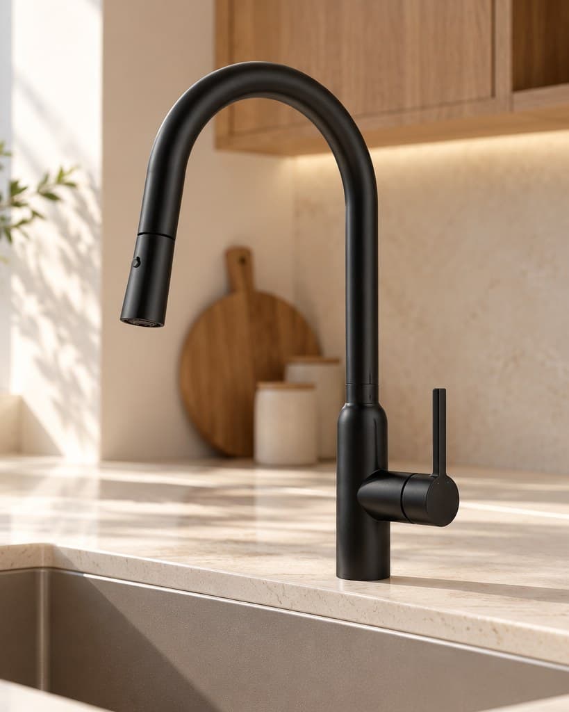 Carysil black pull-out kitchen mixer on a stone worktop above a stainless steel sink