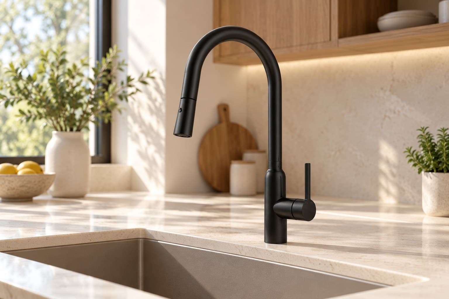 Carysil matte black pull-out kitchen mixer over a stainless steel sink