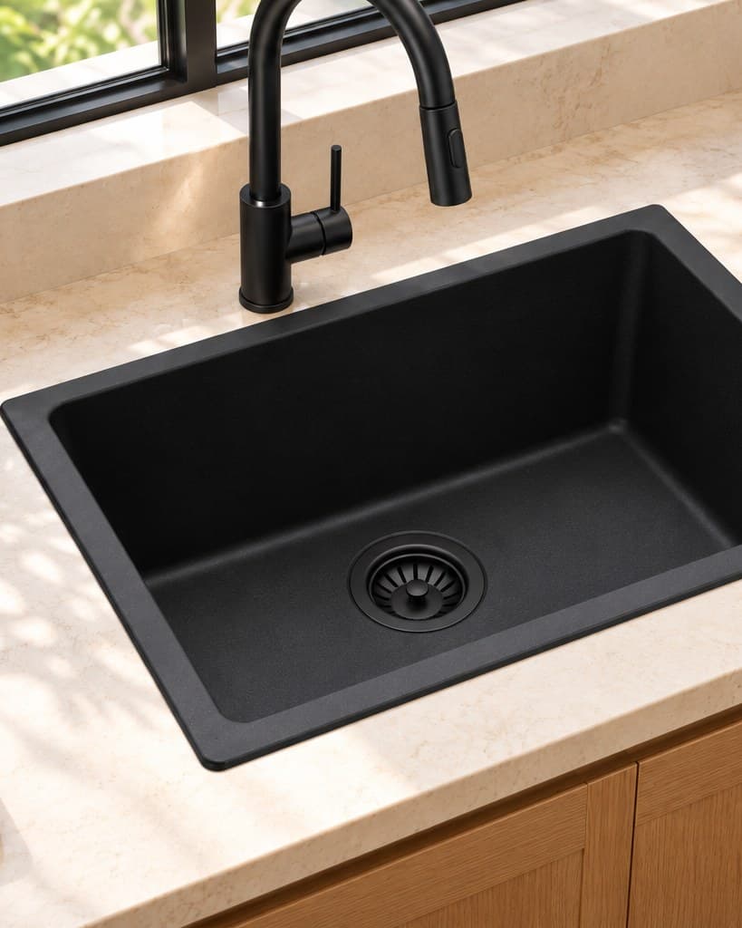 Carysil black granite kitchen sink with a black pull-out mixer on a stone worktop